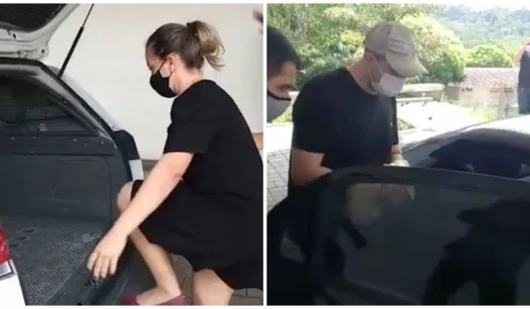 Suspeitos na morte do sargento Lucas, marido vai ao IML no banco de trás e esposa é levada em camburão de viaturas, em Manaus