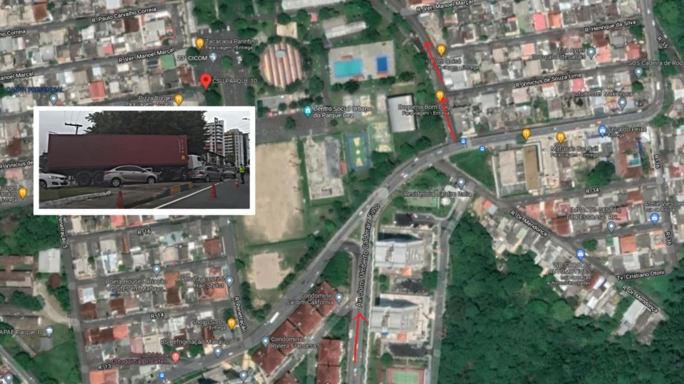 Veja opções de tráfego em outras ruas após carreta ter pane mecânica na Av. Maneca Marques, em Manaus
