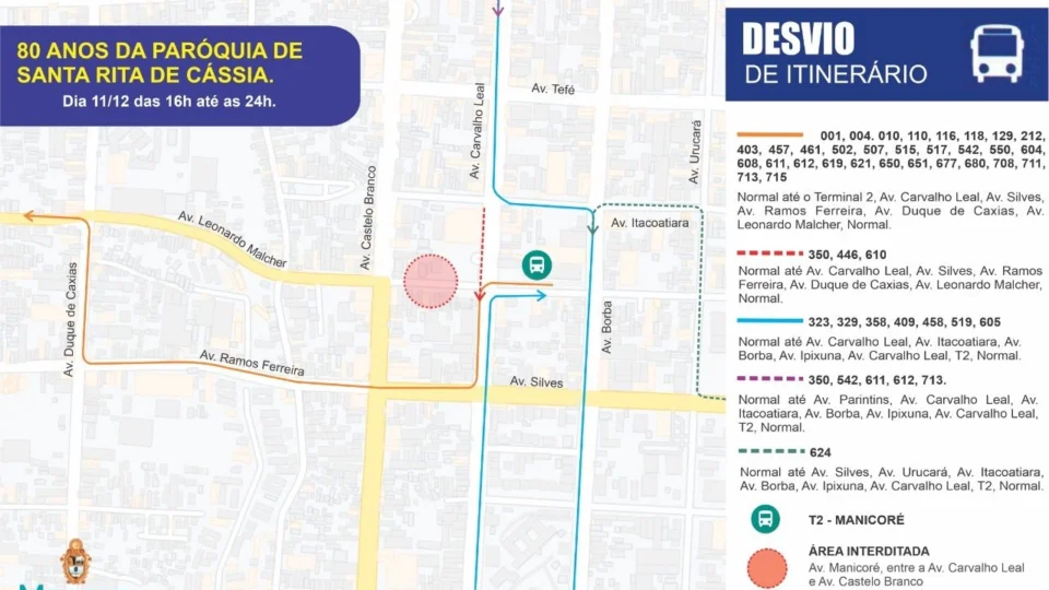 Festividades de 80 anos da paróquia de Santa Rita de Cássia alteram trânsito de Manaus; saiba mais