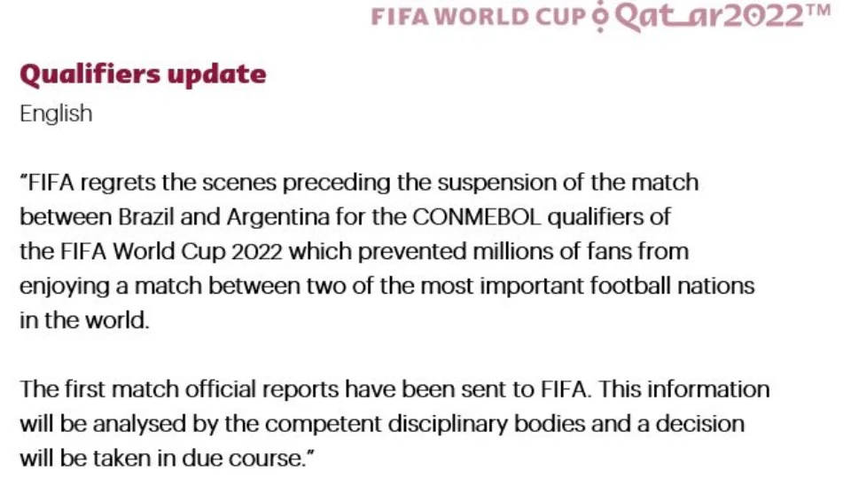 Fifa se pronuncia e diz que analisa relatório final de Brasil x Argentina