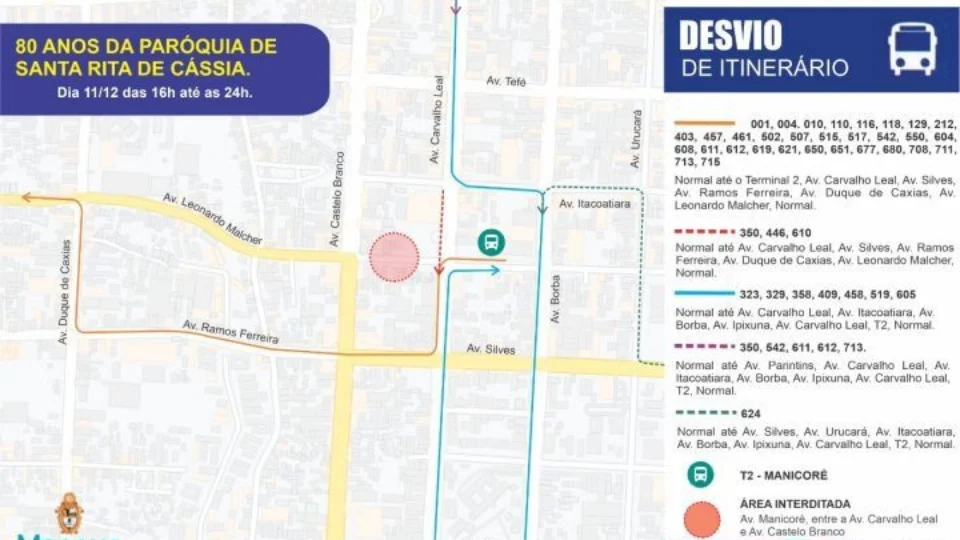 Festejo de 80 anos da paróquia de Santa Rita de Cássia altera trânsito em Manaus