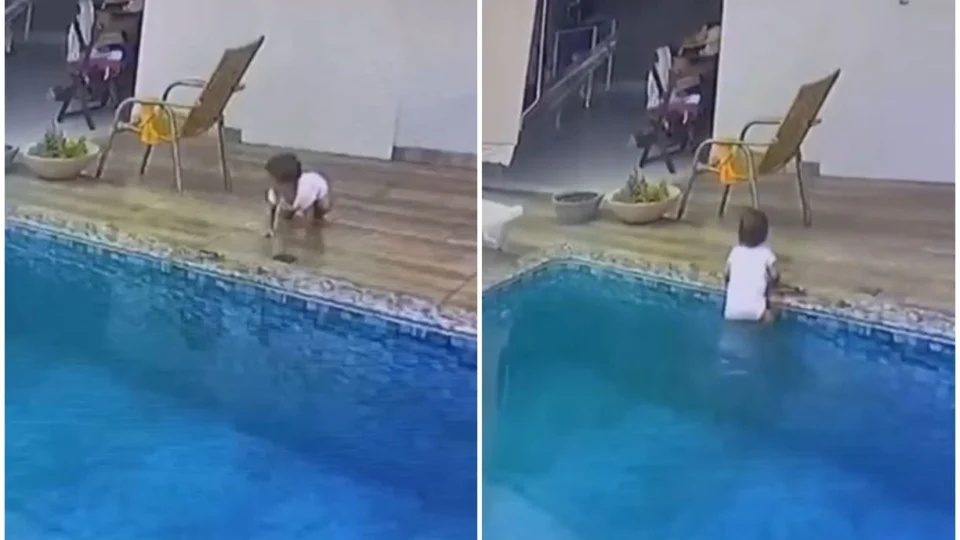 VÍDEO: câmeras de segurança flagram pai salvando bebê de 1 ano e quatro meses que caiu na piscina, em Goiás