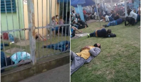 Superlotação: pacientes esperam por atendimento deitados na grama de Unidade de Ponto Atendimento de Guarulhos, em São Paulo