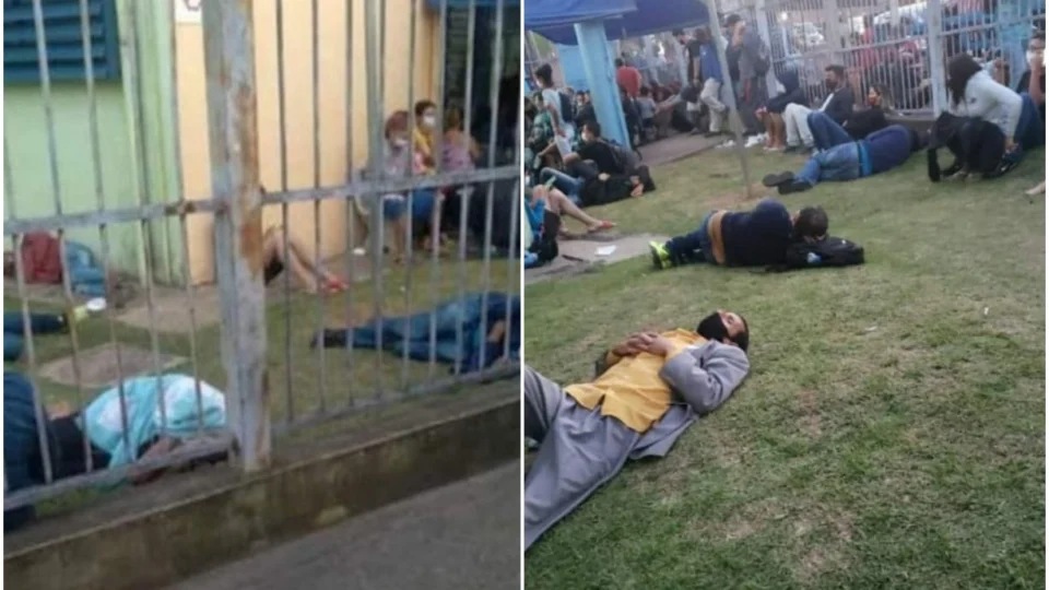 Superlotação: pacientes esperam por atendimento deitados na grama de Unidade de Ponto Atendimento de Guarulhos, em São Paulo