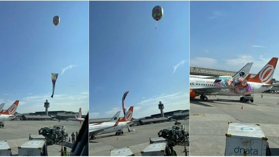 Balão cai em cima de avião no aeroporto de Guarulhos, em São Paulo