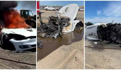 Carro da Tesla pega fogo em ferro-velho na Califórnia; veja fotos