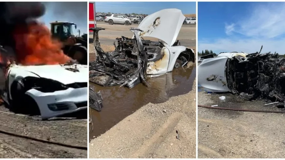 Carro da Tesla pega fogo em ferro-velho na Califórnia; veja fotos
