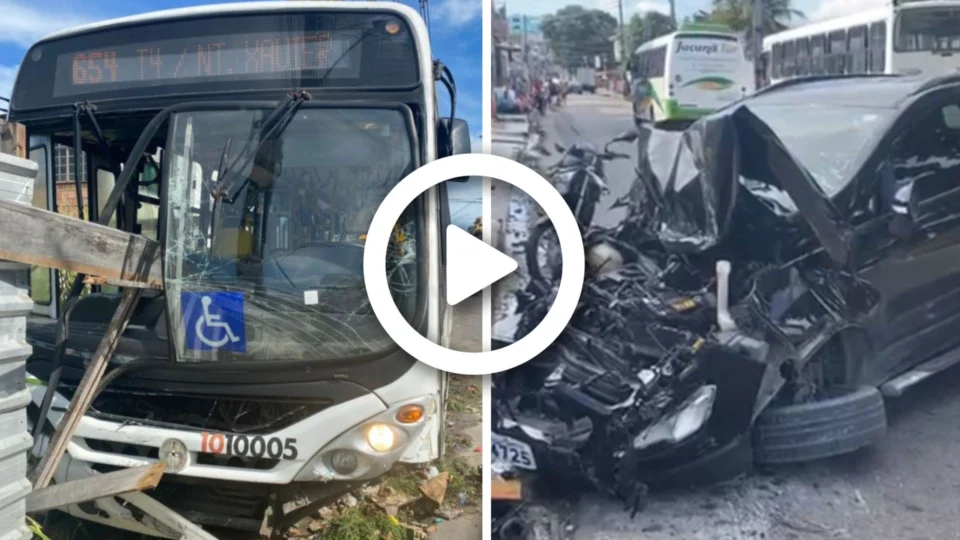 VÍDEO: ônibus desgovernado destrói frente de veículo na Zona Norte de Manaus