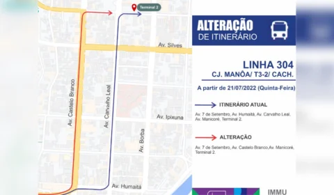 Itinerário da linha 304 sofre alteração a partir de quinta-feira (21/07), em Manaus