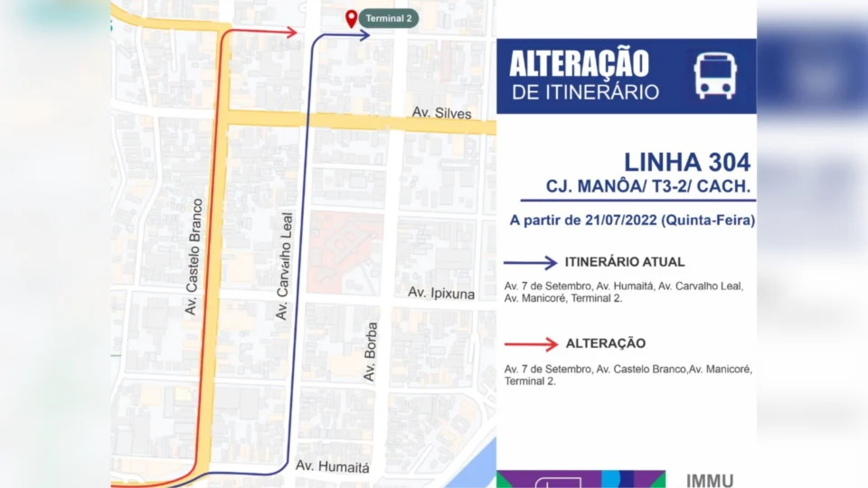 Itinerário da linha 304 sofre alteração a partir de quinta-feira (21/07), em Manaus