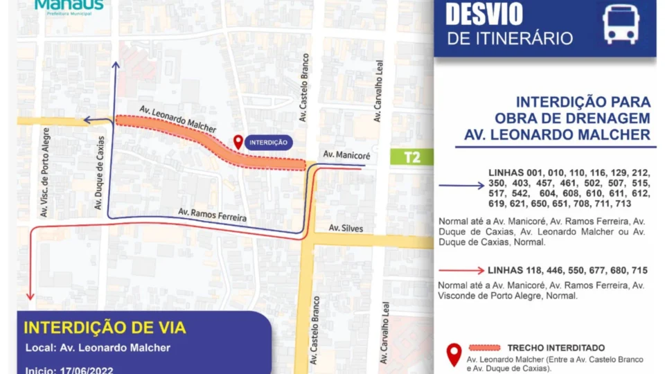 Trecho da avenida Leonardo Malcher será interditado a partir de sexta-feira (17/06) para execução de obras, em Manaus
