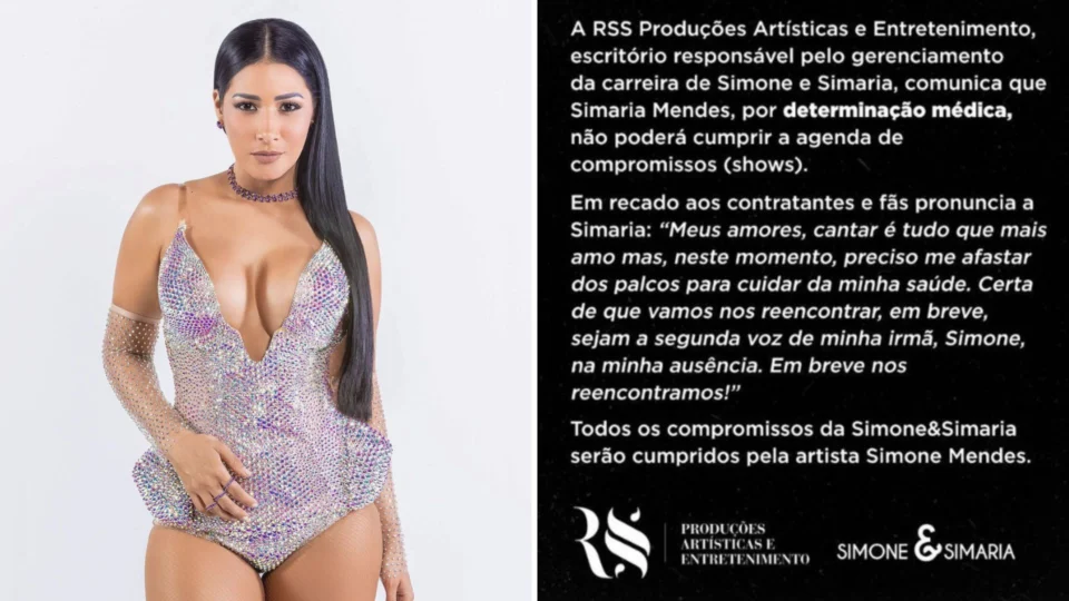Cantora Simaria anuncia pausa na carreira para cuidar da saúde