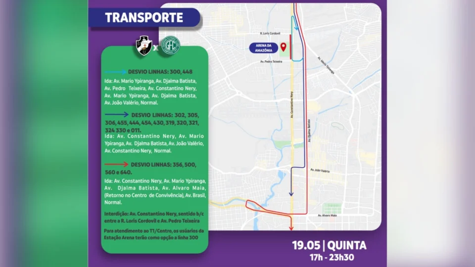 Trânsito terá mudanças durante jogo de Vasco e Guarani na Arena da Amazônia, em Manaus; saiba mais