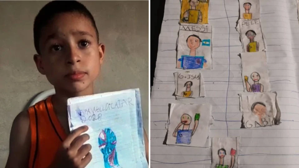Sem dinheiro para figurinhas, menino de Goiânia desenha álbum da Copa