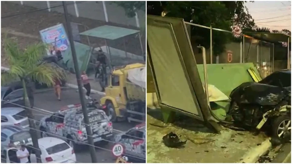 VÍDEO: em perseguição, carro colide com parada de ônibus na Zona Oeste Manaus  