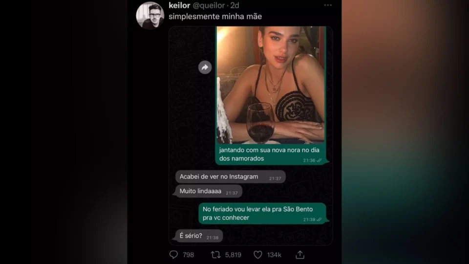 Homem de SC viraliza ao enviar foto de Dua Lipa em jantar romântico e ‘apresentá-la’ como namorada para mãe