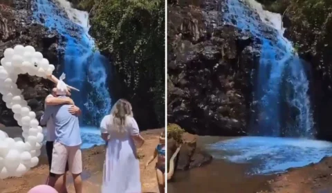 No MT, casal tinge água de cachoeira de azul em chá de revelação e gera revolta na internet