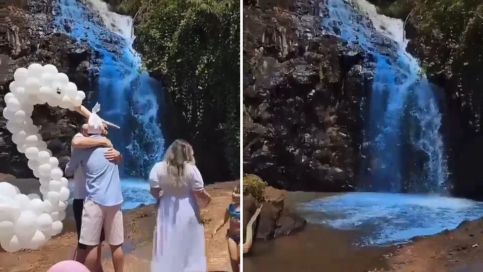 No MT, casal tinge água de cachoeira de azul em chá de revelação e gera revolta na internet