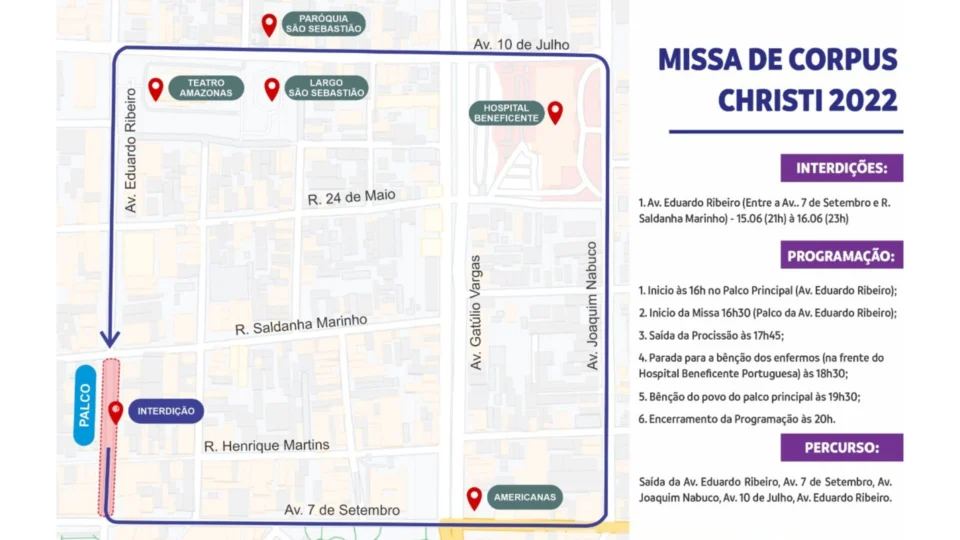 Trecho da Avenida Eduardo Ribeiro será interditado para Missa de Corpus Christi, em Manaus