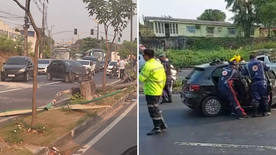 Carro colide com poste em grave acidente na Zona Leste de Manaus