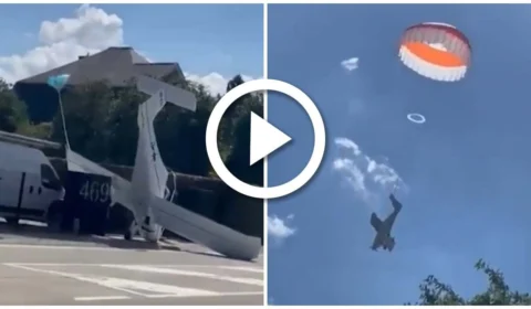 VÍDEO: aeronave desce pendurada em paraquedas e pousa no meio da rua na Bélgica