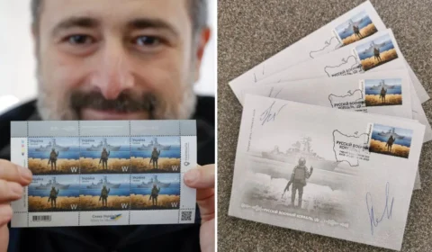 Selo postal com soldado mostrando dedo do meio a navio de guerra russo é lançado na Ucrânia