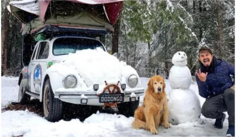 Conhecido por viajar o mundo com seu fusca, influenciador de SC e seu cachorro golden retriever morrem em acidente de carro nos EUA