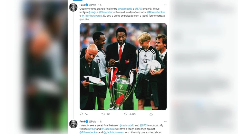 Pelé mostra empolgação com decisão da Champions: ‘Quero ver uma grande final entre Real Madrid e Liverpool’