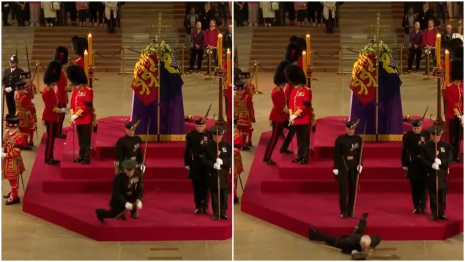 Guarda cai durante velório da rainha Elizabeth II em Londres, na Inglaterra