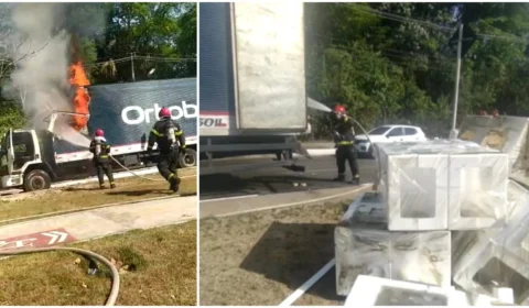 Caminhão carregado de isopor pega fogo em Manaus