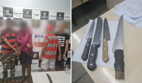 Trio é preso e adolescente é apreendido com facas dentro de ônibus em Manaus
