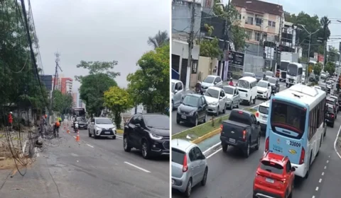 Trânsito na av. Ephigênio Sales é bloqueado após acidente com caminhão em Manaus