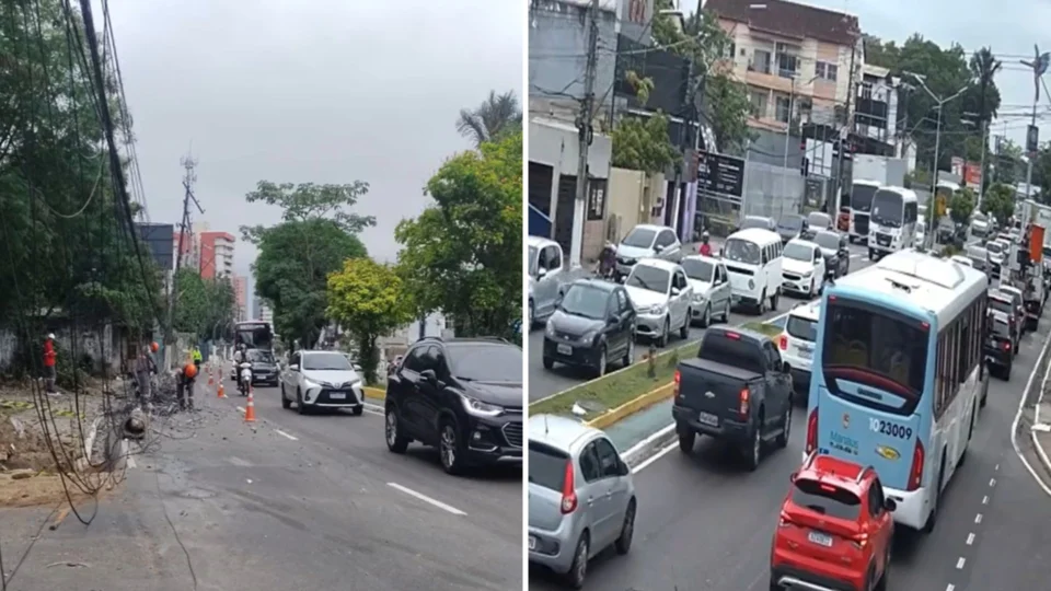 Trânsito na av. Ephigênio Sales é bloqueado após acidente com caminhão em Manaus