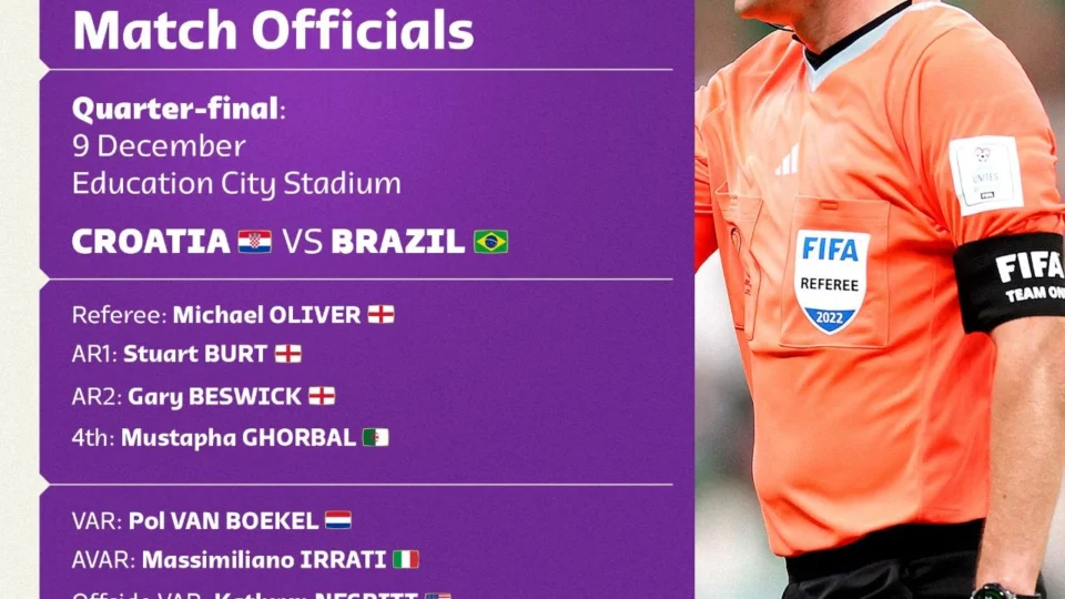 Jogo entre Brasil e Croácia pelas quartas de final da Copa terá trio de arbitragem inglês