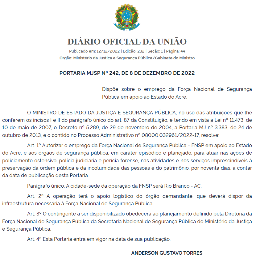 Portaria do Ministério da Justiça no Diário Oficial da União - Foto: Reprodução/ DOE