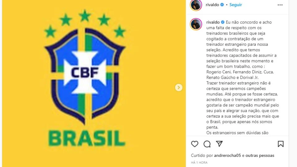 Rivaldo discorda de Ronaldo Fenômeno sobre treinador estrangeiro assumir Seleção