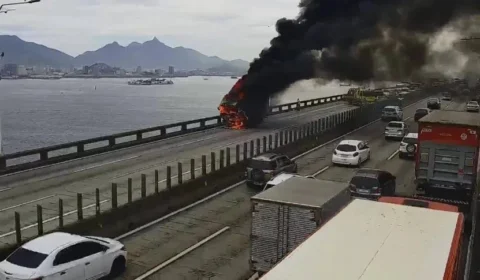 Caminhão-baú pega fogo na Ponte Rio-Niterói no Rio de Janeiro