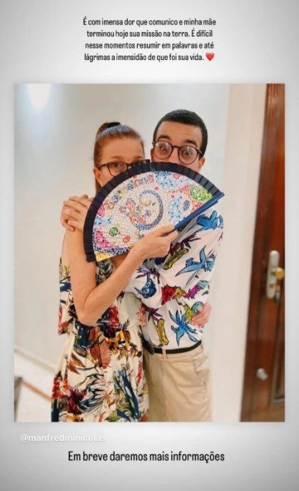 Nicolas anunciou em seu story do Instagram a partida da mãe - Foto: Reprodução/Stories Instagram @manfredininicolas
