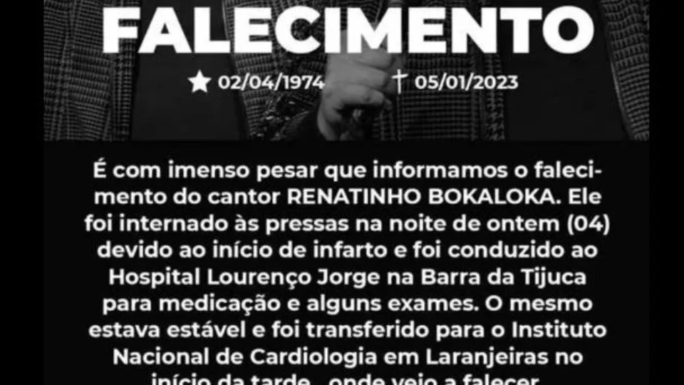 Cantor Renatinho do Bokaloka morre após sofrer infarto no Rio de Janeiro