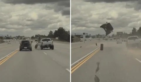 VÍDEO: carro bate em pneu e é lançado no ar em capotamento na Califórnia