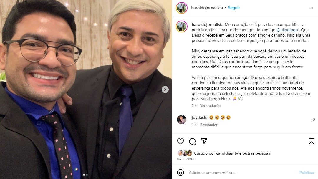 Nilo Diogo - Publicação do jornalista Haroldo Medeiros - Foto: Reprodução/Instagram @haroldojornalista