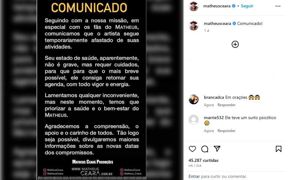 Antes da live, equipe fez publicação no Instagram do artista- Foto: Reprodução/@matheusceara