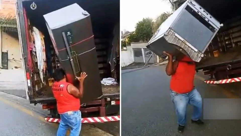 Entregador viraliza ao dançar funk com geladeira nas costas em SP; confira