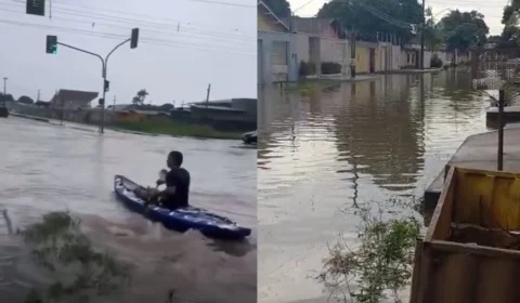 Chuva: morador ‘passeia’ de canoa em rua alagada de Boa Vista-RR