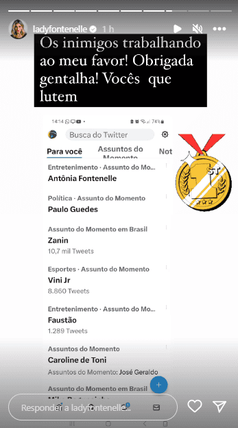 Anthônia Fontenelle debochou nos stories - Foto: Reprodução\@ladyfontenelle