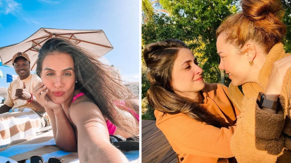 Fernanda Souza e namorada curtem praia com Thiaguinho e Carol Peixinho