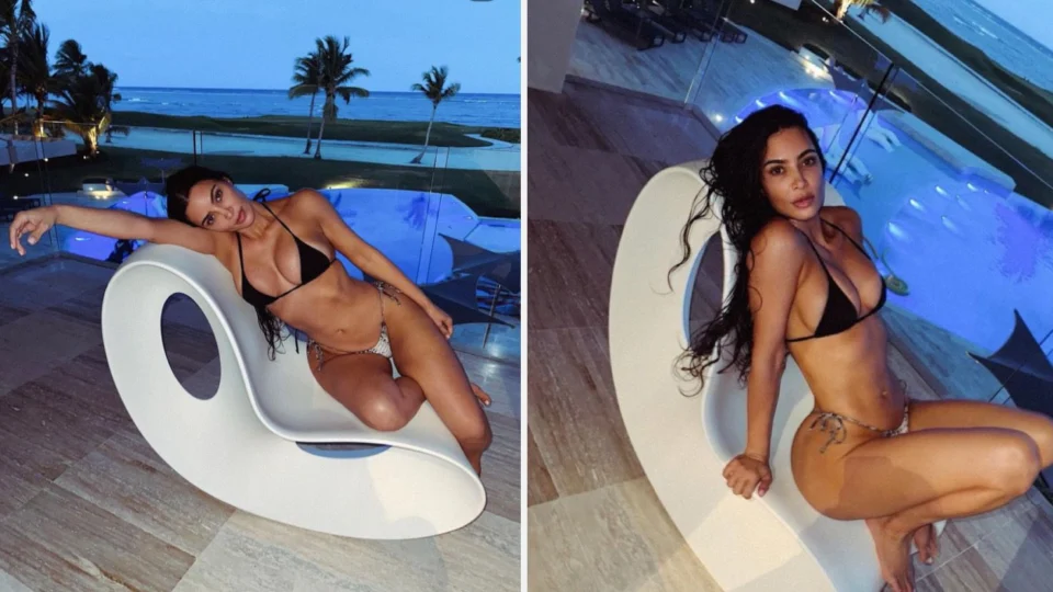 Kim Kardashian exibe corpão em foto com biquíni curto e sem maquiagem