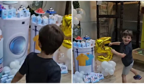 Criança comemora aniversário com ‘máquina de lavar’ para homenagear tio-avô