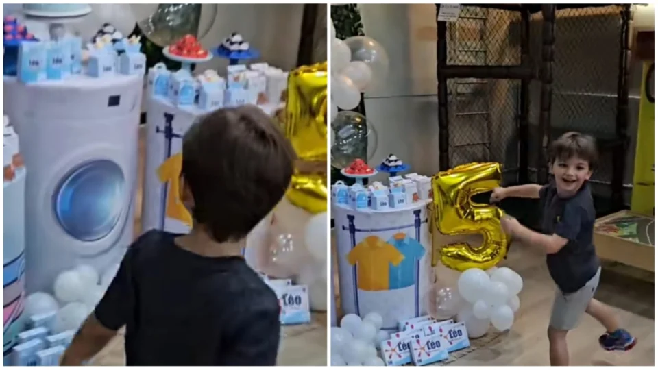 Criança comemora aniversário com ‘máquina de lavar’ para homenagear tio-avô