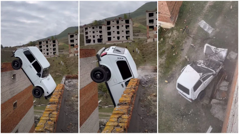 VÍDEO: dublê russo erra salto com carro e despenca de quase 15 metros; veja